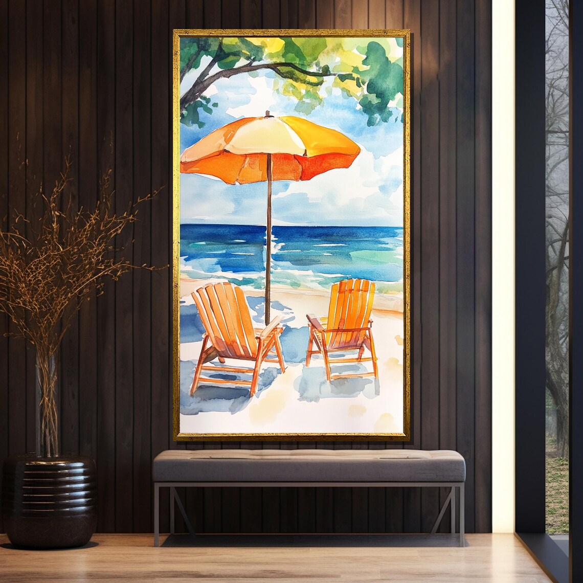 Sunny Watercolor Beach Scene with Chairs and Orange Umbrella Poster - Image 5
