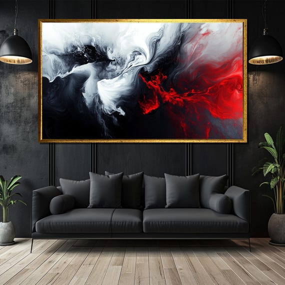 Abstract Fluid Motion Painting Bold Red Black And White Art Gift For Modern Wall Decor