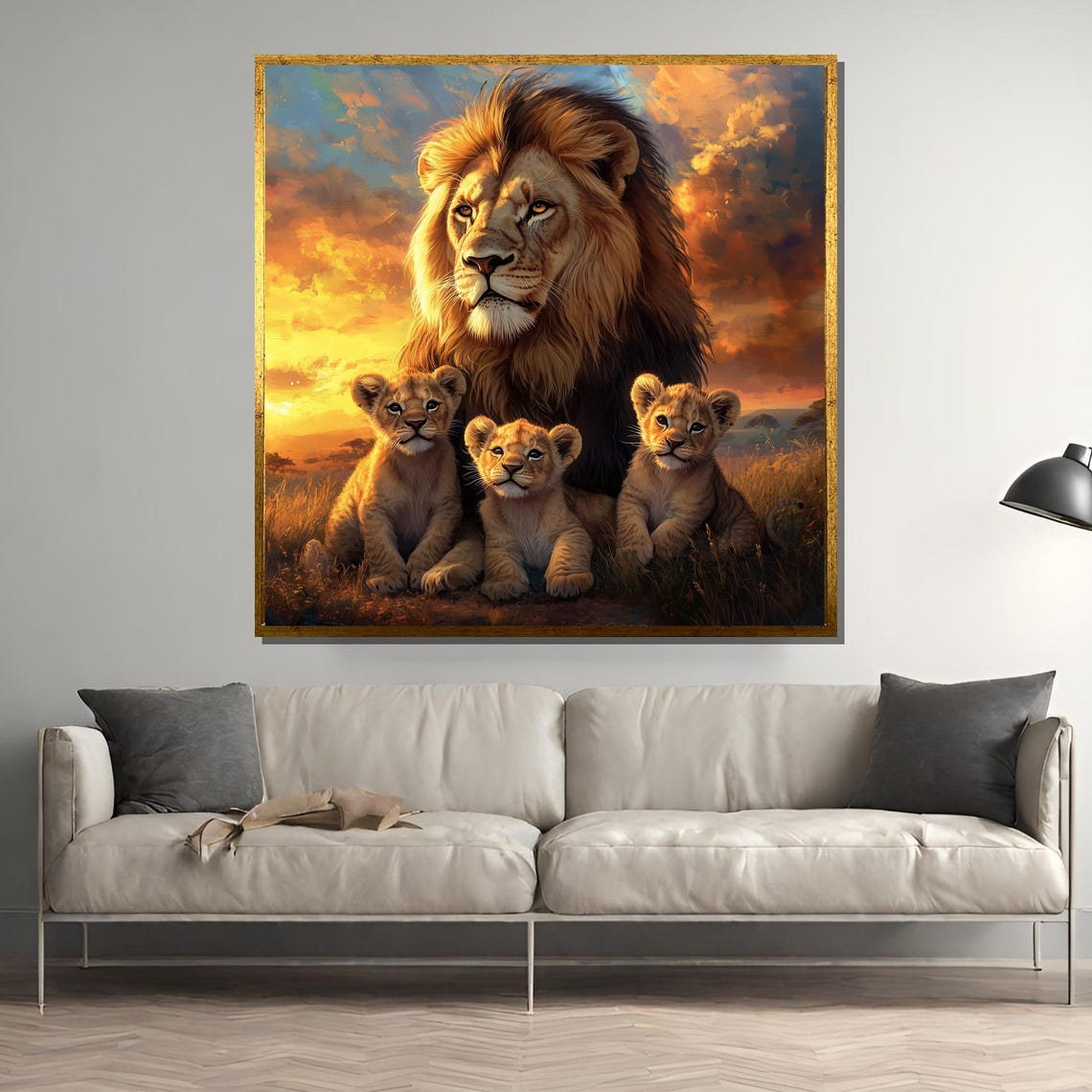 Majestic Lion with Three Cubs in Golden Sunset Savanna Poster