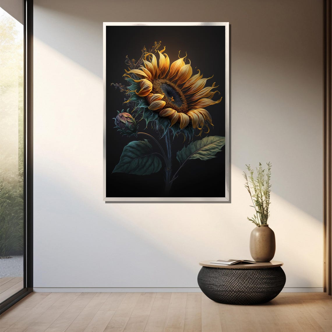 Dramatic Glowing Sunflower On Black Background Moody Floral Art Poster - Image 3