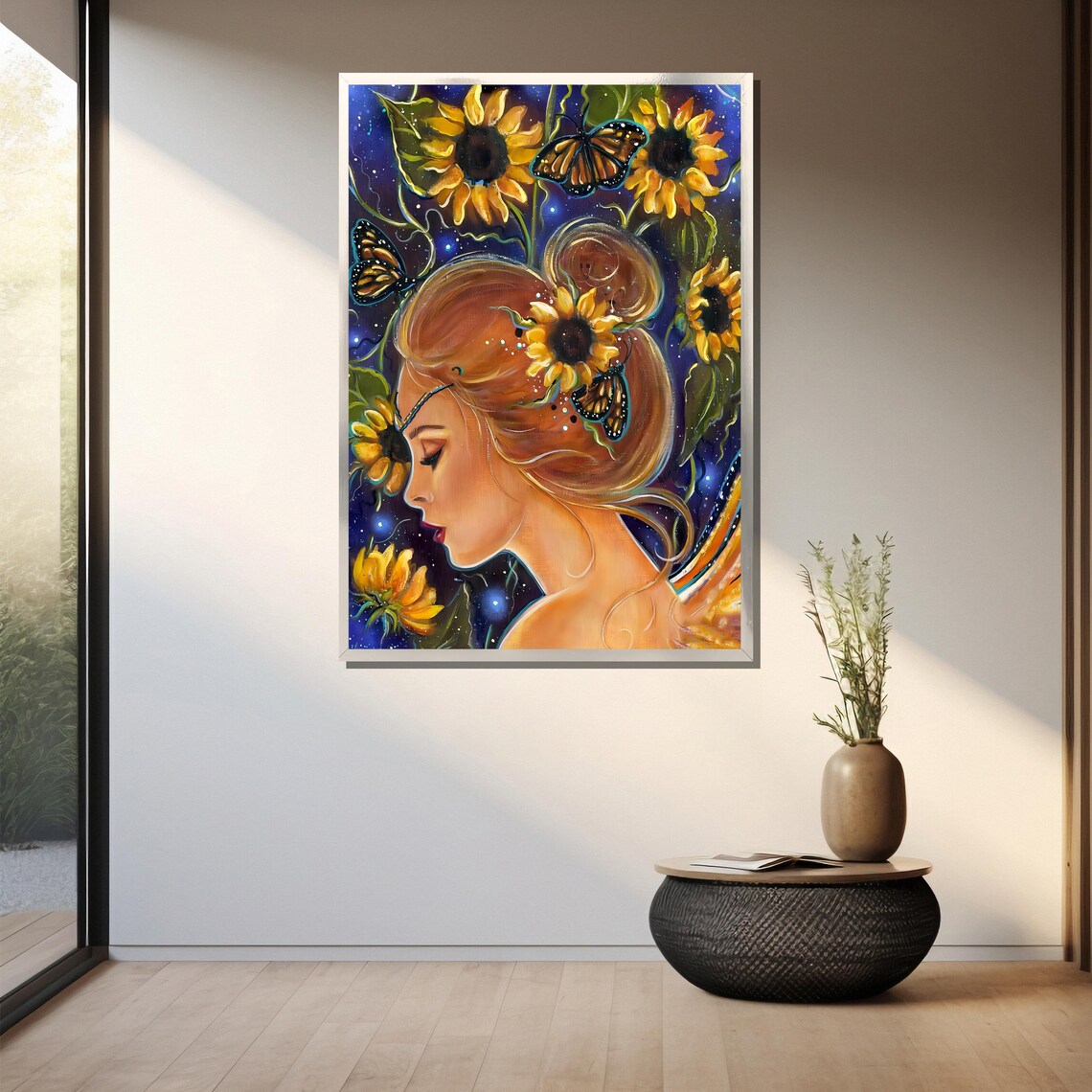Sunflower Goddess with Butterflies Celestial Garden Portrait Poster - Image 3