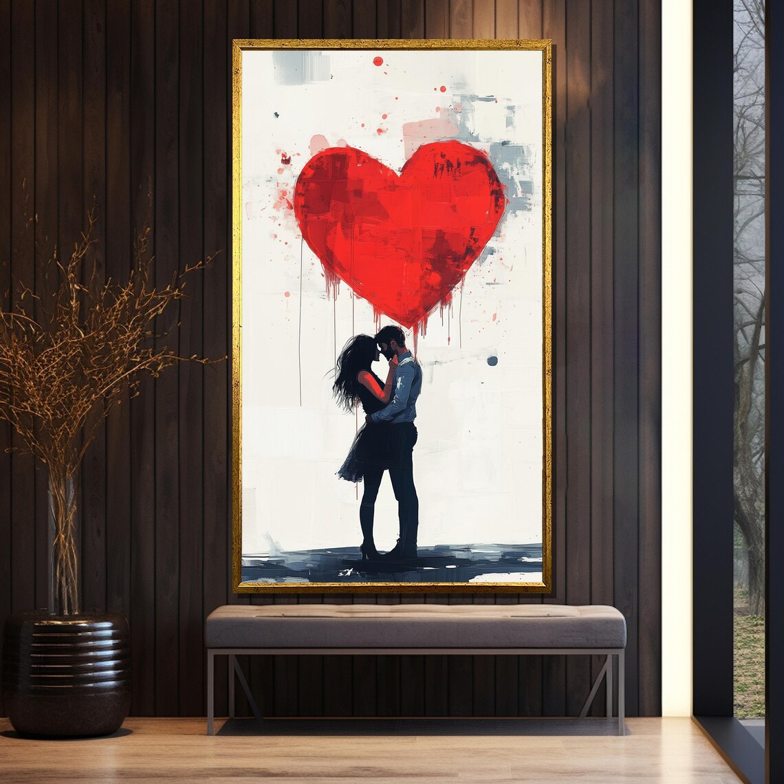 Romantic Couple Under Giant Dripping Red Heart Abstract Love Poster - Image 5