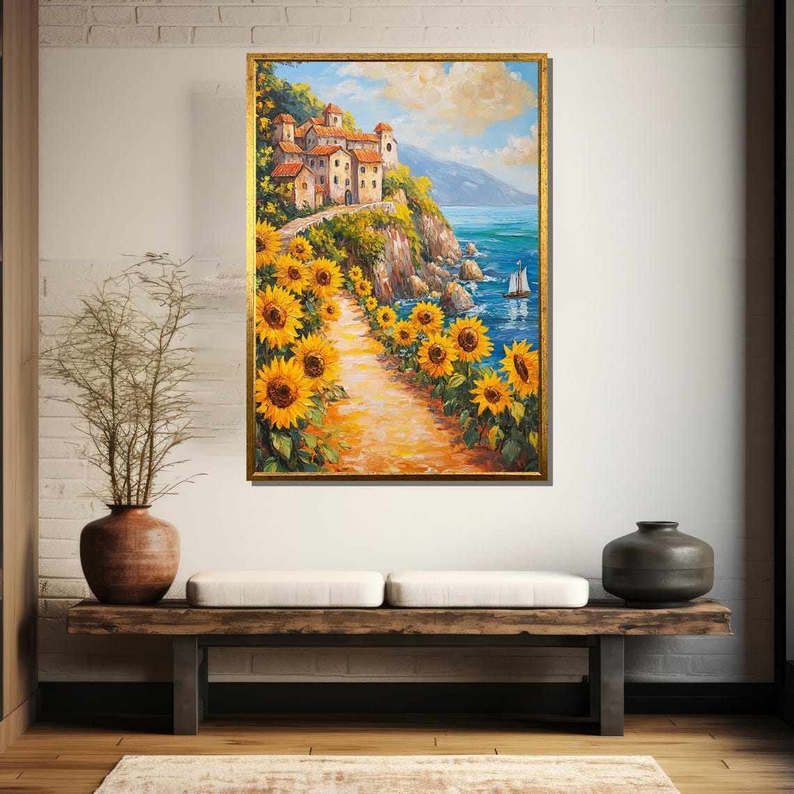 Sunflower Lined Path To Seaside Cliff Village Landscape Poster - Image 5
