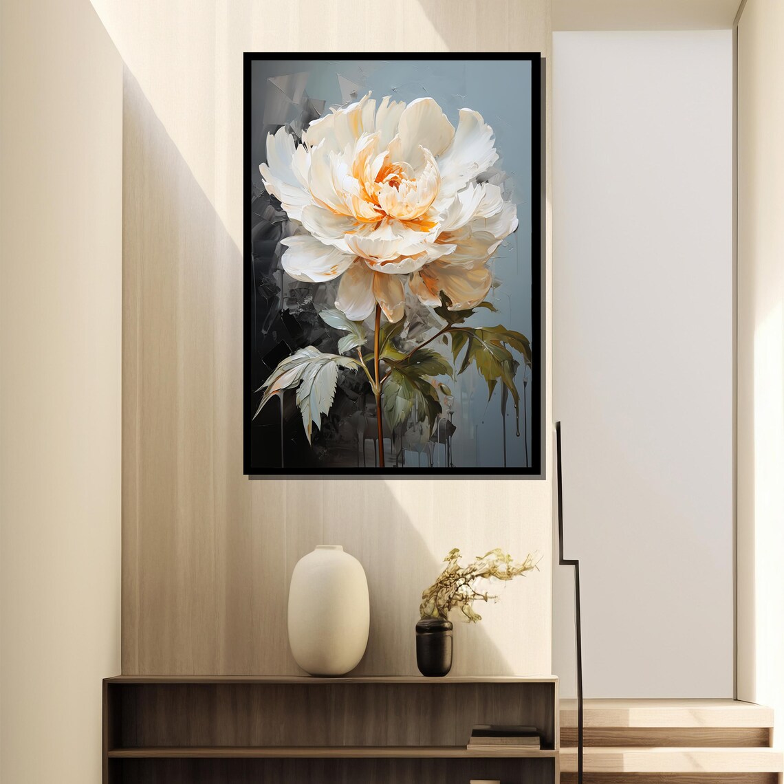 Elegant White Peony Bloom Modern Botanical Large Floral Wall Art - Image 4