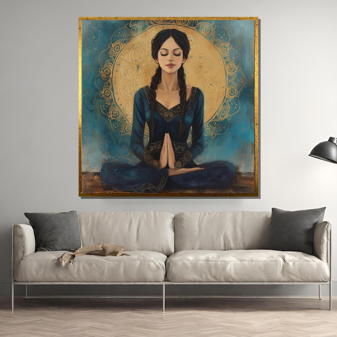 Serene Meditating Woman With Golden Mandala Halo Spiritual Poster