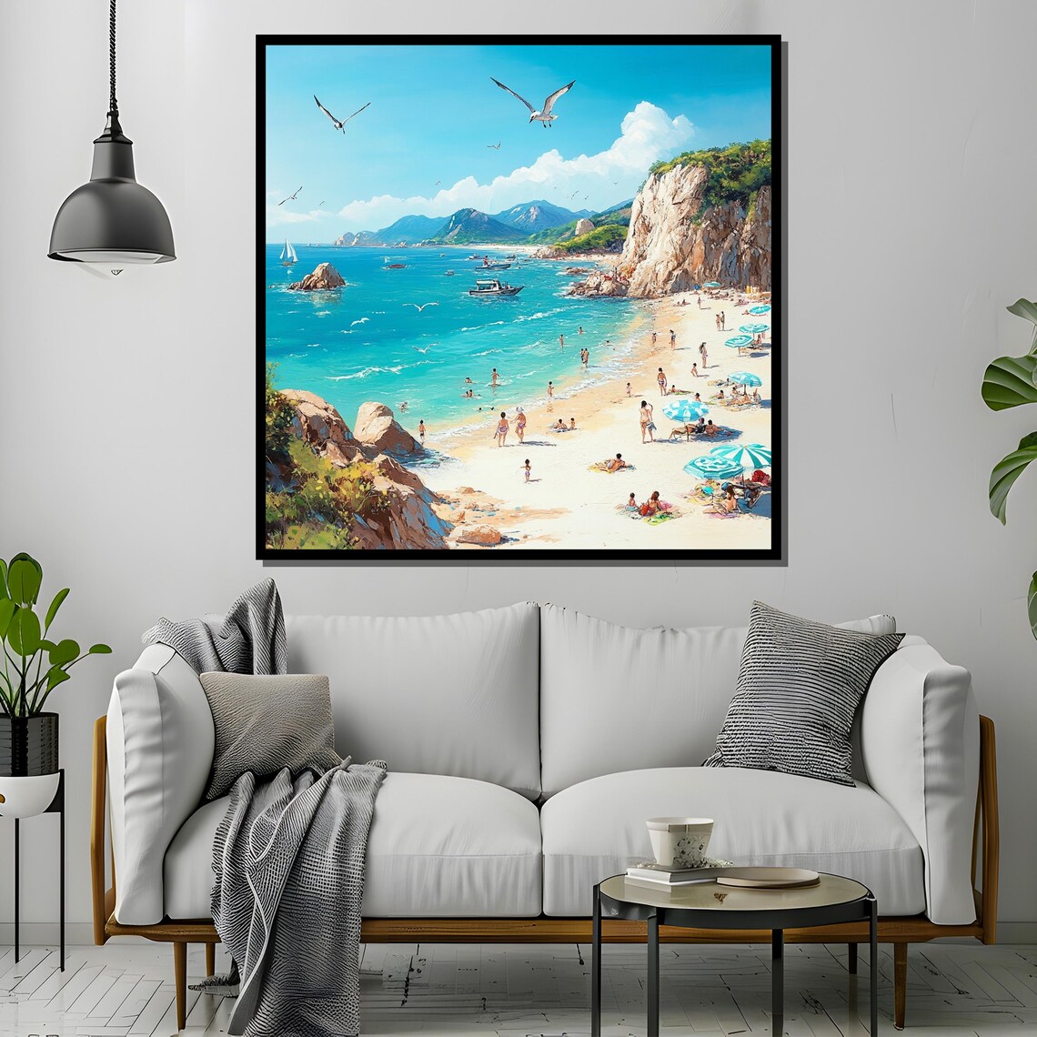 Sunny Coastal Beach Cove Families Umbrellas Sailboats Poster - Image 4