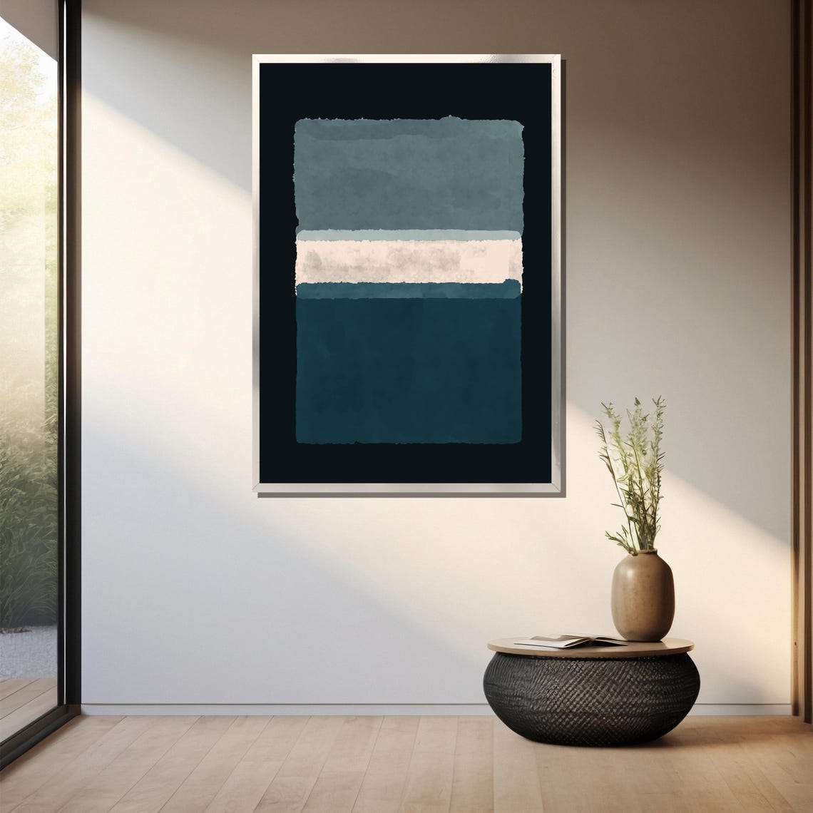 Calming Teal And Gray Watercolor Blocks On Black Abstract Poster - Image 3