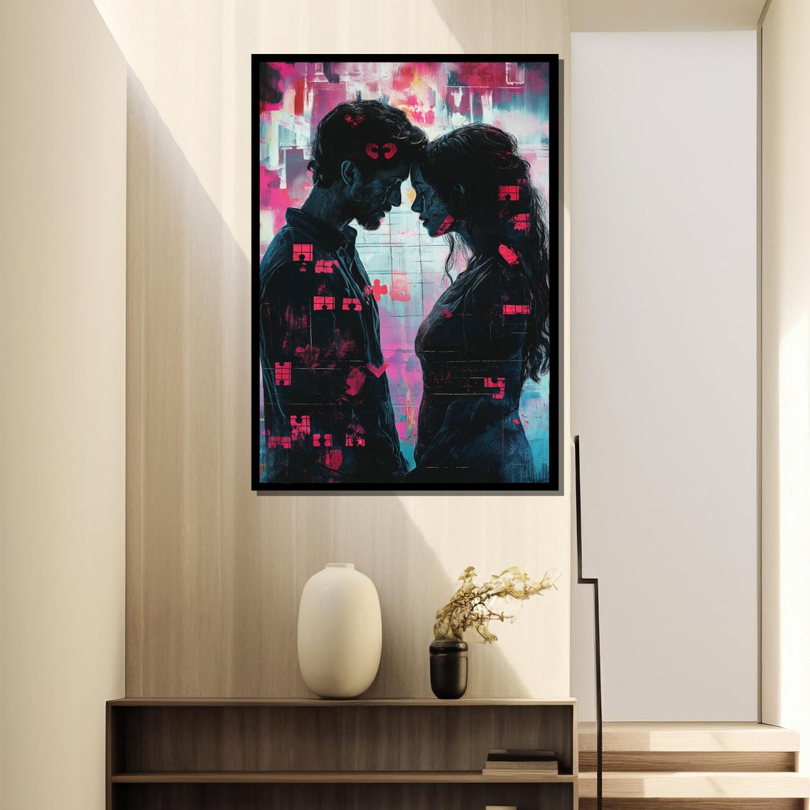 Abstract Lovers Face to Face with Pink Neon Grid Lines Poster - Image 4