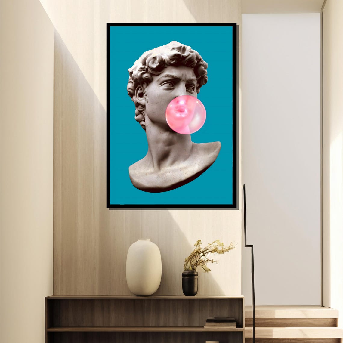 Michelangelo David Bust Blowing Pink Bubble Gum On Teal Poster - Image 4