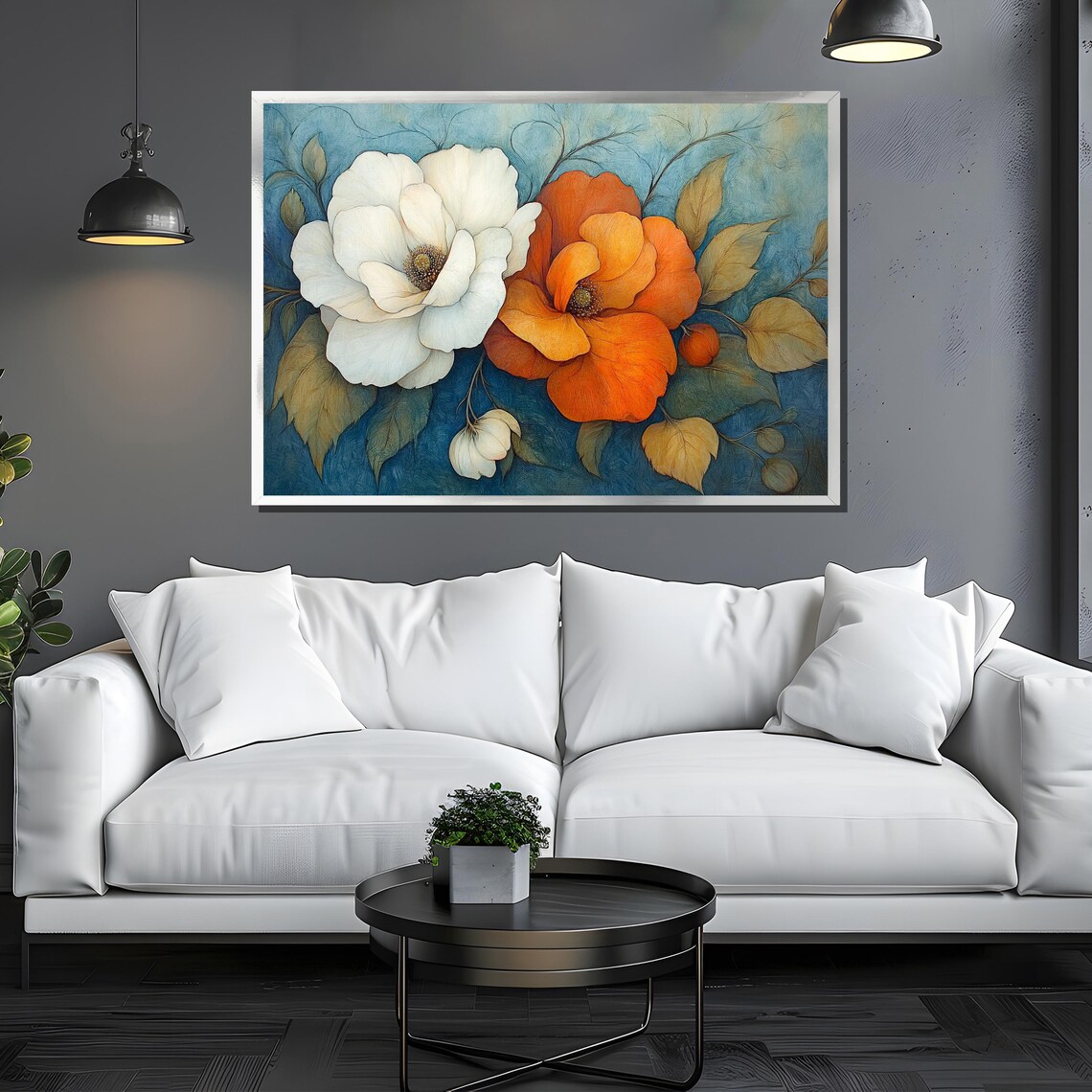 White And Orange Blossoms Modern Elegant Botanical Floral Wall Art - Image 3