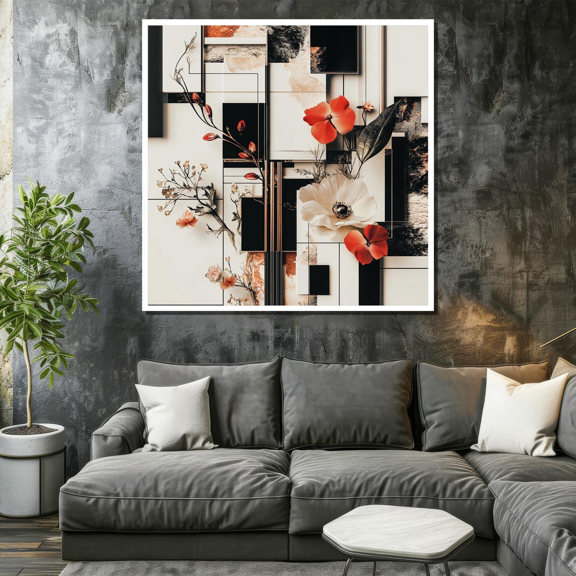 Modern Floral Geometric Wall Art Abstract Botanical Collage Minimalist Black White Elegant Home Decor Gift For Art Lovers - Image 2