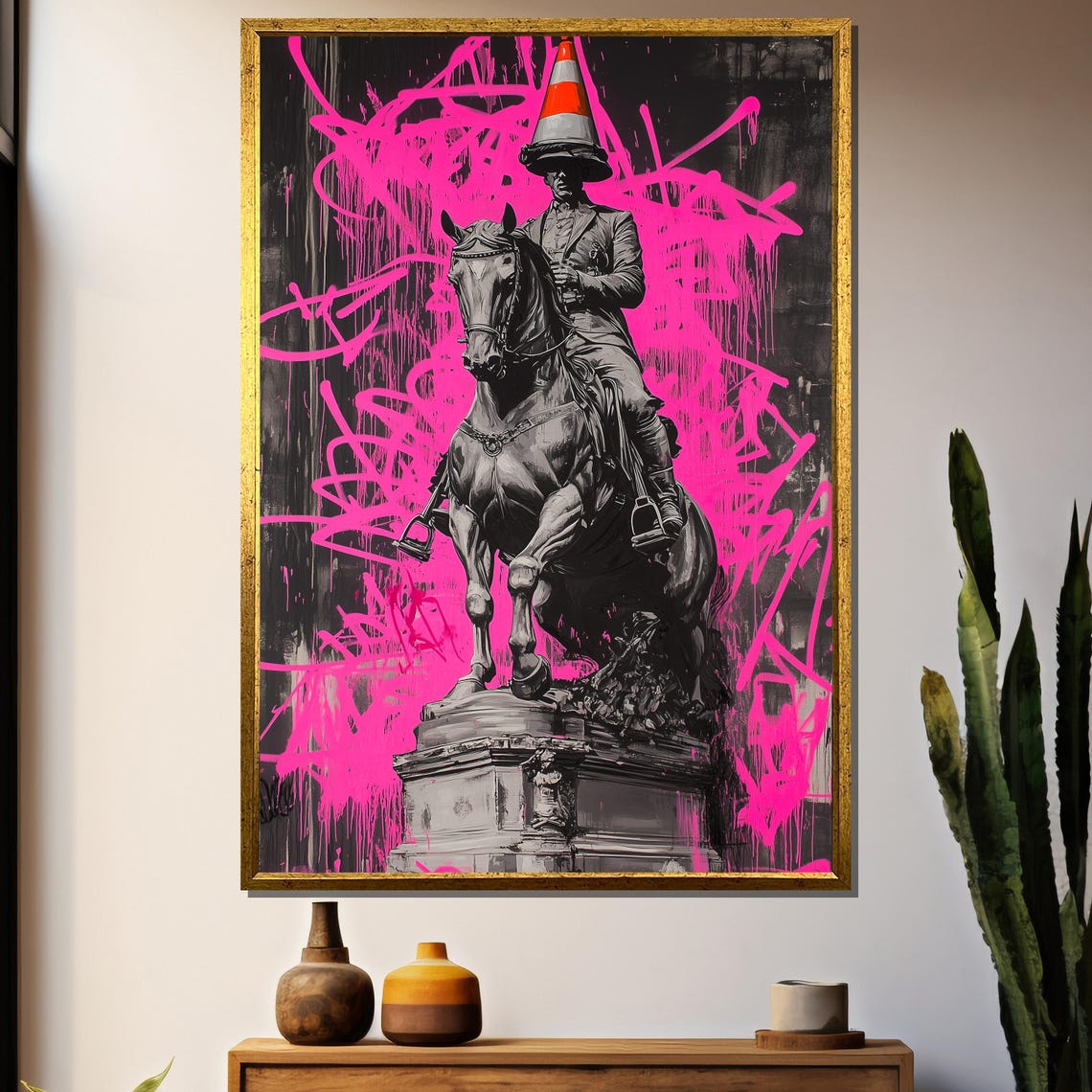 Equestrian Statue With A Traffic Cone On Pink Graffiti Poster
