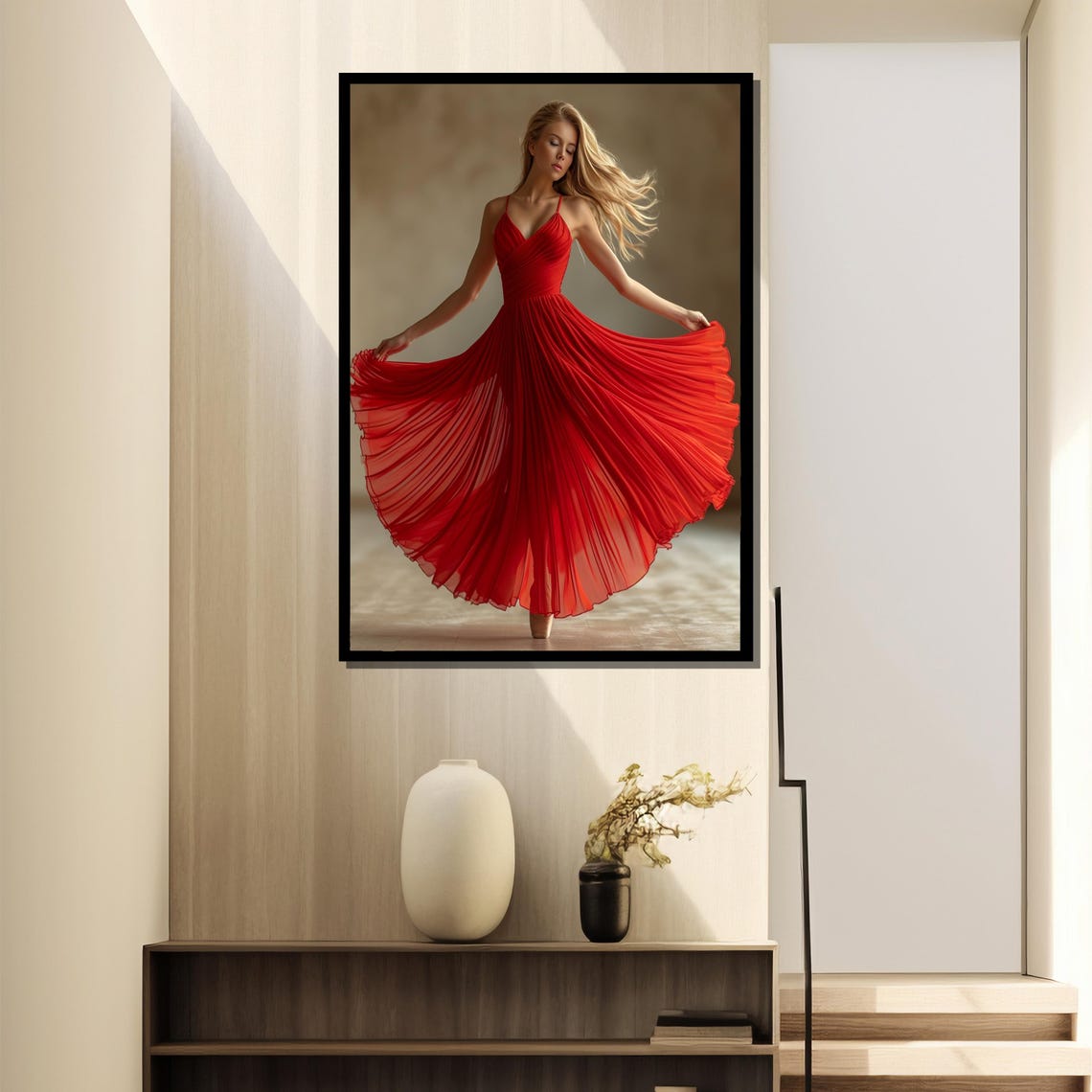 Blonde Woman Twirling Joyfully In A Flowing Red Dress Poster - Image 4
