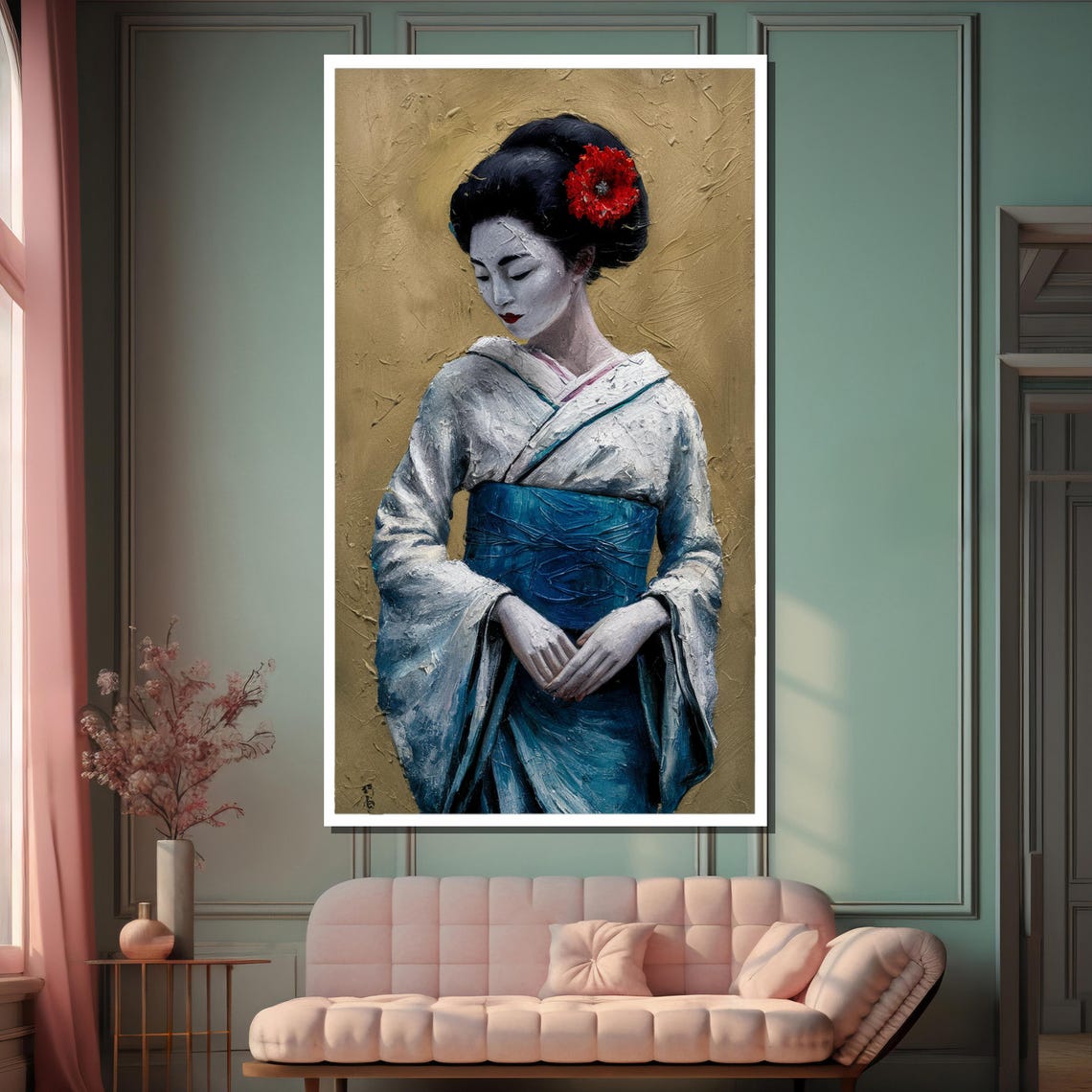 Graceful Geisha with Red Flower on Textured Gold Leaf Poster - Image 2