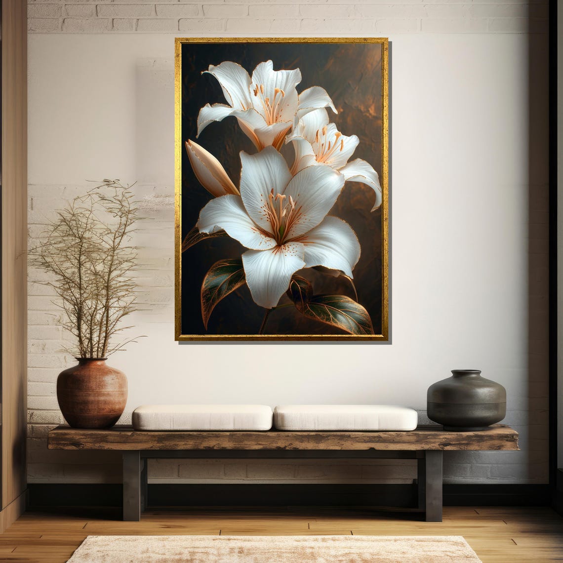 White Lilies With Golden Edged Petals Elegant Floral Wall Art - Image 5
