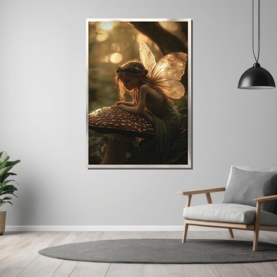 Little Fairy Resting on Giant Red Mushroom in Golden Forest Poster - Image 3