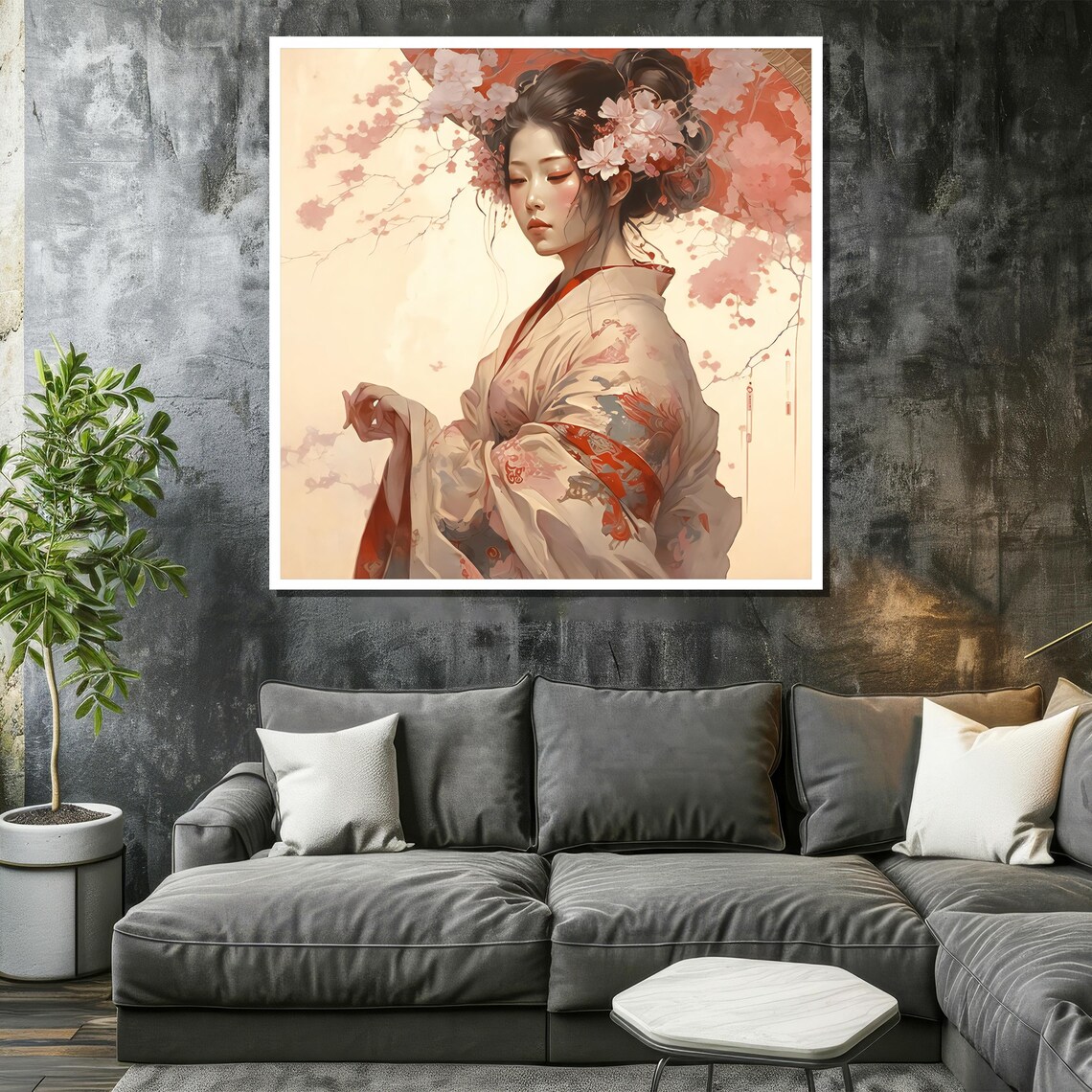 Serene Geisha in Cherry Blossom Kimono Soft Floral Art Poster - Image 2