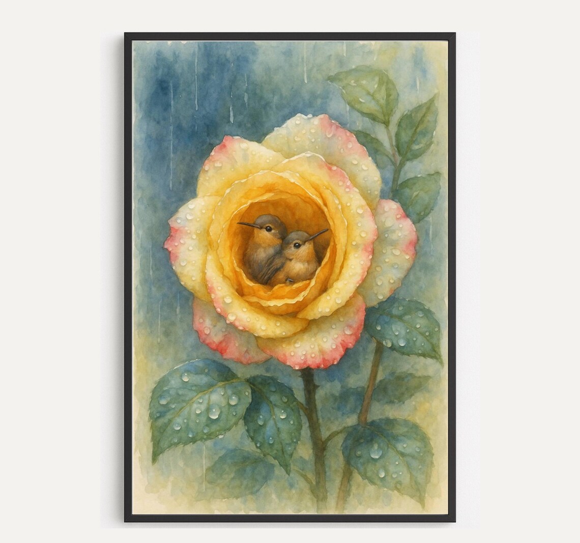 Two Birds Nestled in Yellow Rose Watercolor Rain Garden Art Poster