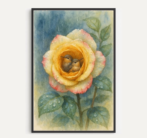 Two Birds Nestled in Yellow Rose Watercolor Rain Garden Art Poster