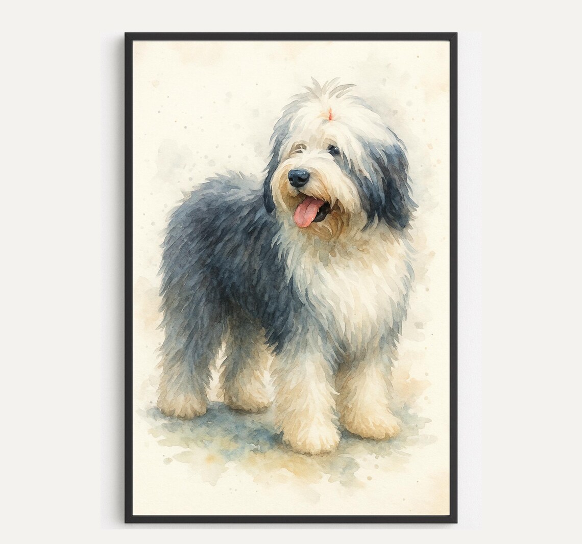 Old English Sheepdog Watercolor Happy Shaggy Dog Portrait Poster