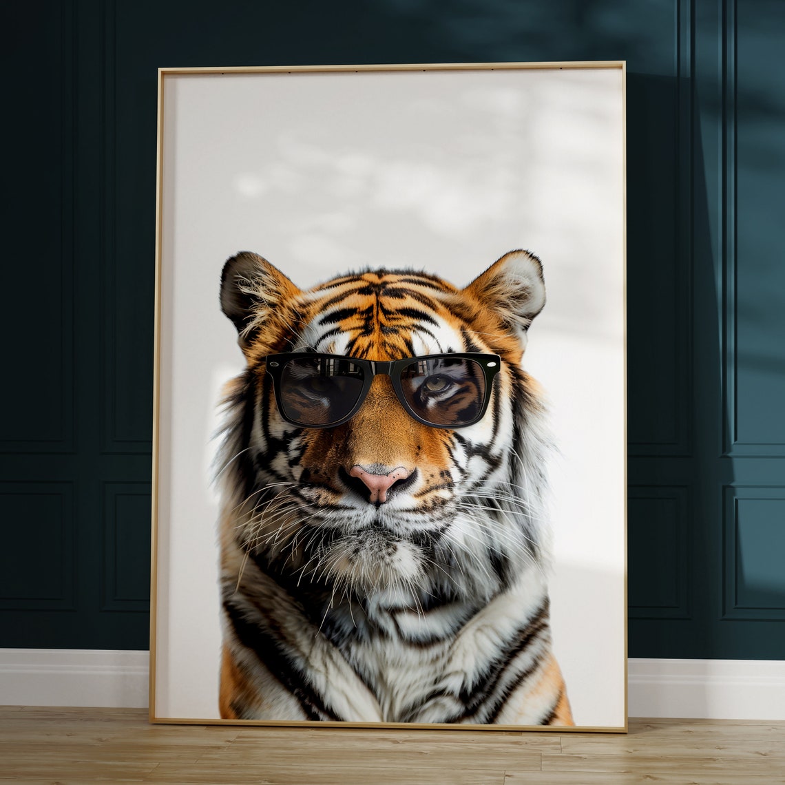 Tiger Wearing Black Sunglasses Bold Minimalist White Photo Poster - Image 2