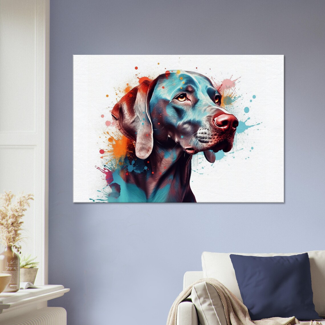 Weimaraner Front View Teal Blue Watercolor Splash Dog Portrait Poster - Image 3