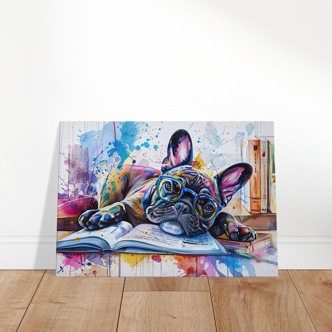 French Bulldog Reading Book With Glasses Paint Splash Dog Poster - Image 3