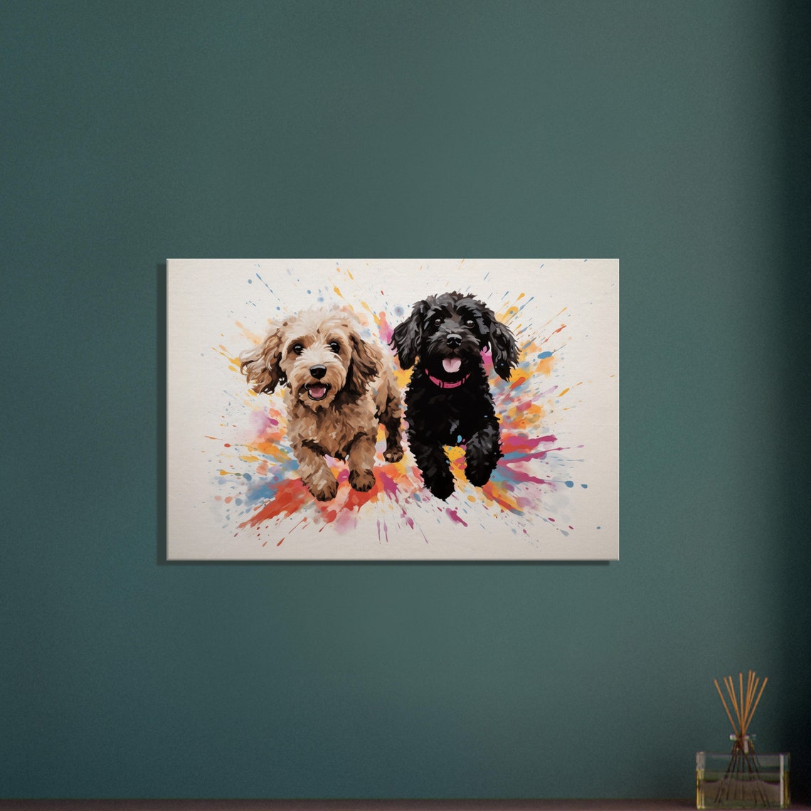 Two Happy Doodle Puppies Running Through Colorful Paint Splash Poster - Image 3