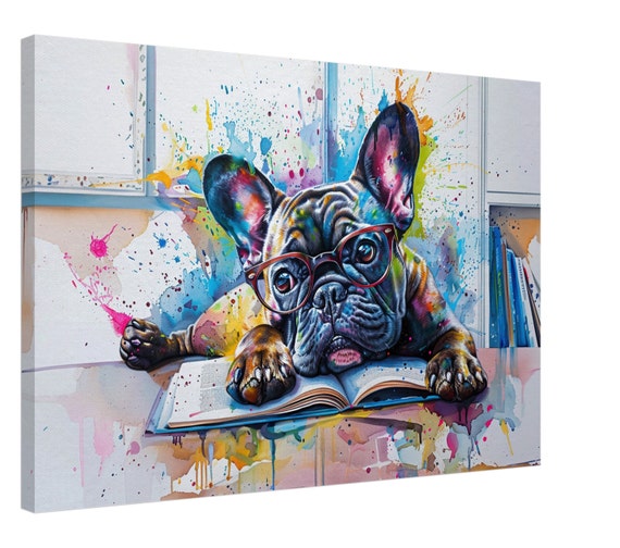 French Bulldog At A Desk Canvas Frenchie Owner Book Lover Kids Room Decor Gift Paint Splash Print Library Classroom School Reading