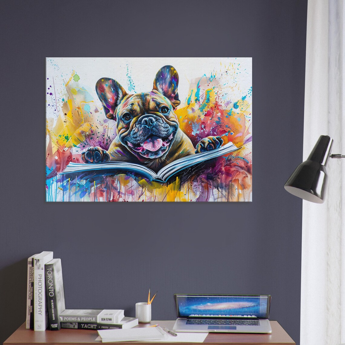 Happy French Bulldog Reading Open Book Paint Splash Puppy Poster - Image 2