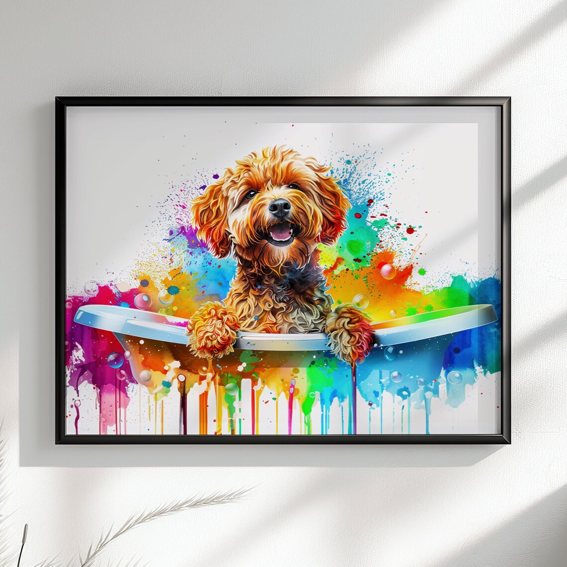Apricot Cockapoo Puppy Bathtub Rainbow Drip Paint Art Poster
