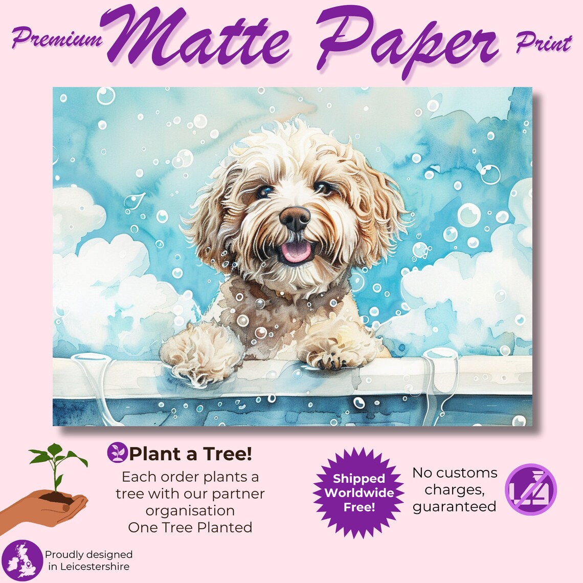 White Cockapoo Puppy Bubble Bath Blue Watercolour Dog Art Poster - Image 3