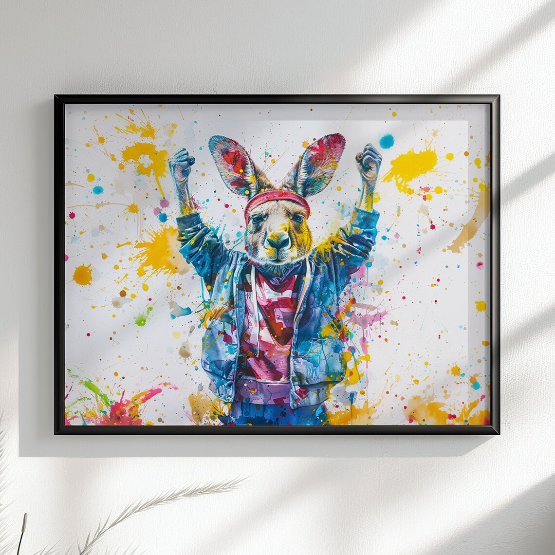 Cheering Kangaroo In Hoodie Fists Raised Paint Splash Fun Poster