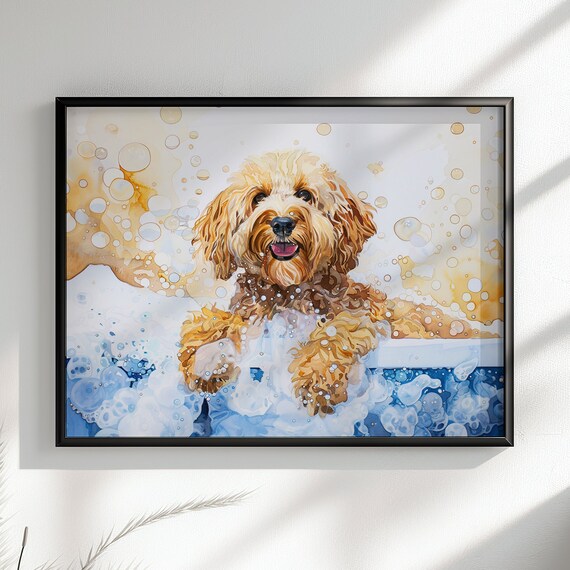 Cute Cockapoo Poster Print Colourful Watercolour Doodle Dog Bathtub Painting Splatter Paint Splash Art Groomers Wall Decor Gift