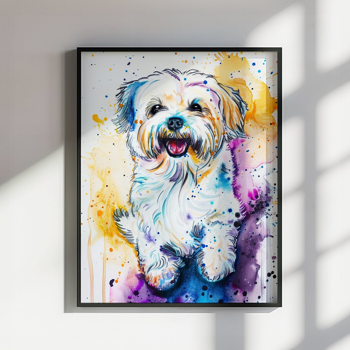 Happy White Puppy Watercolor Splash Cute Fluffy Dog Art Poster