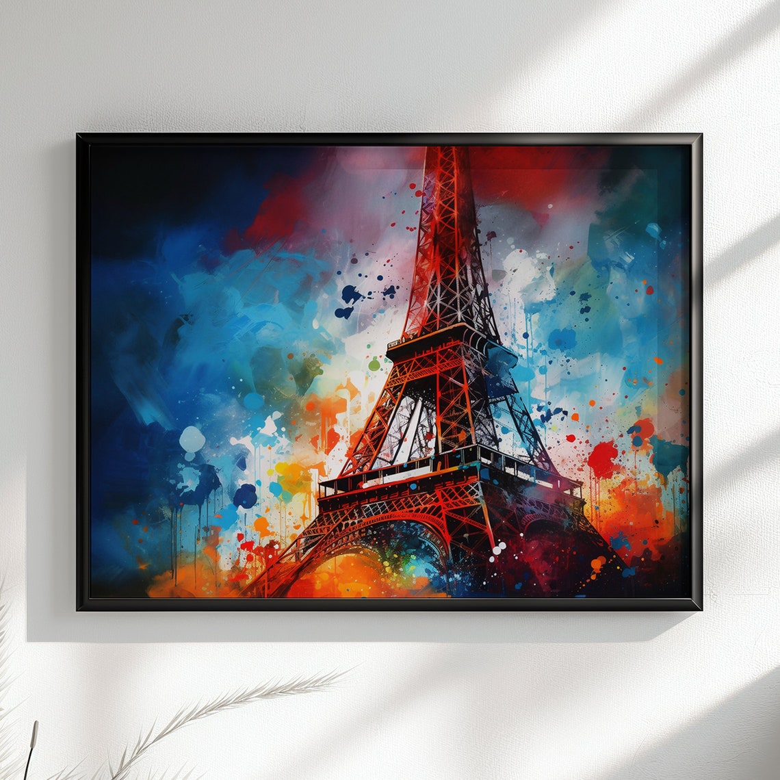 Dramatic Eiffel Tower Red Blue Watercolor Splash Night Poster