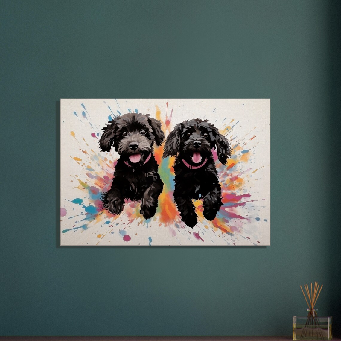 Two Black Doodle Puppies Running Colorful Watercolor Splash Art Poster - Image 3