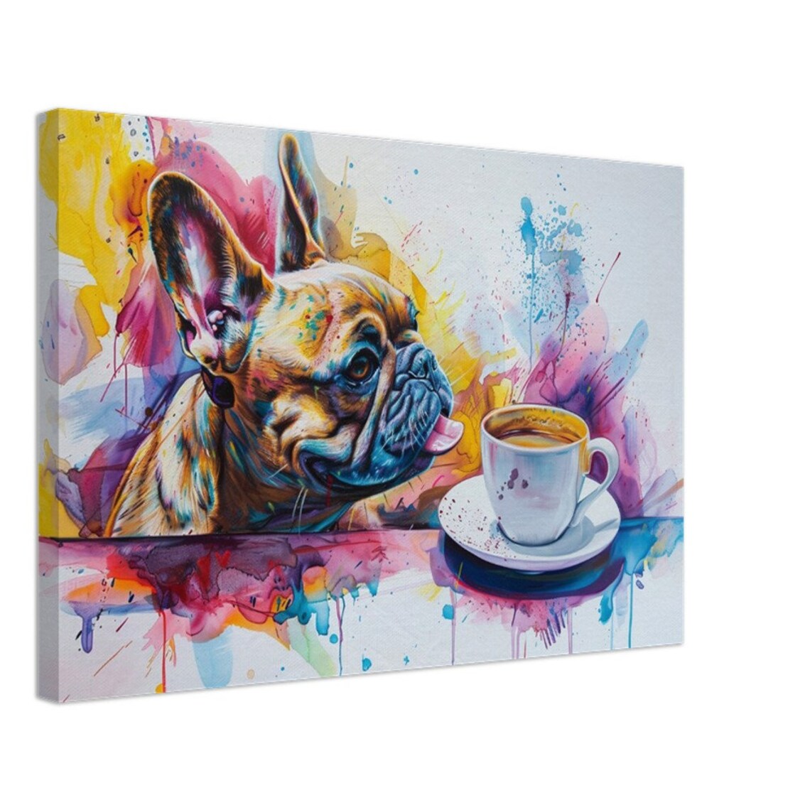 French Bulldog Eyeing Coffee Cup Tongue Out Watercolor Art Poster - Image 3