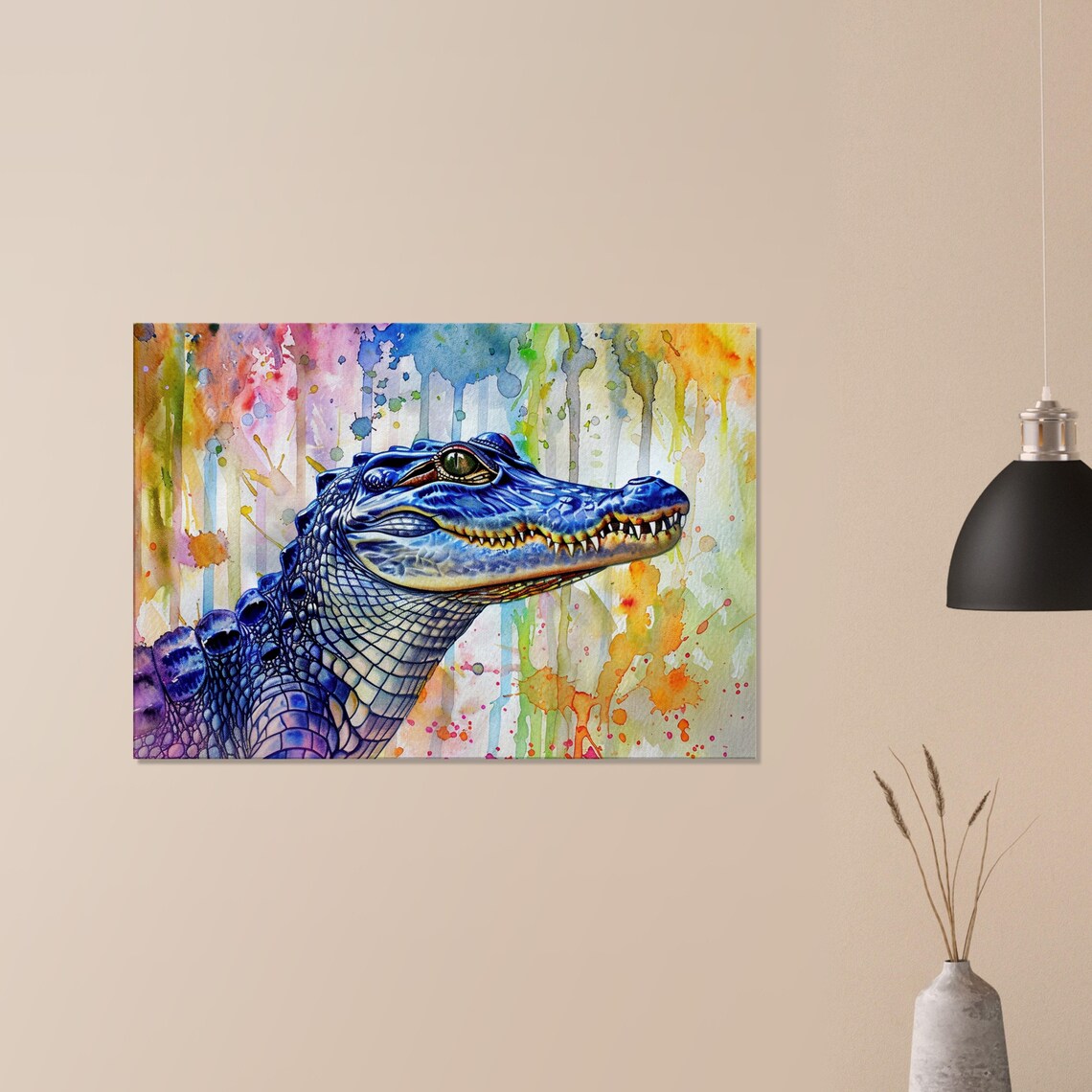 Blue Crocodile Watercolour Portrait Rainbow Drip Reptile Animal Art Poster - Image 2