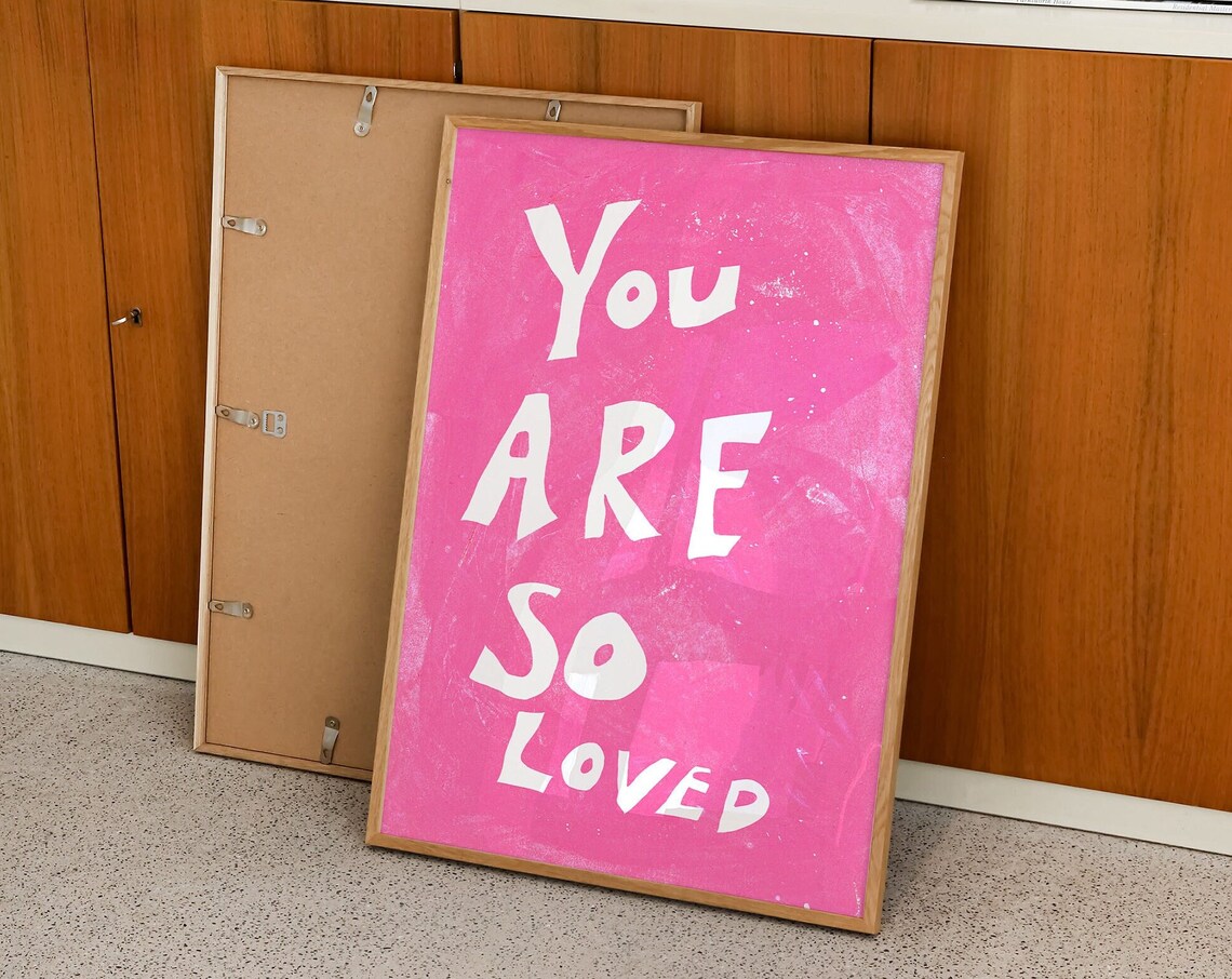 You Are So Loved Poster Retro Typography Poster Mid Century Print Positive Affirmation Quote Print Hand Drawn Print Trendy Pink Print