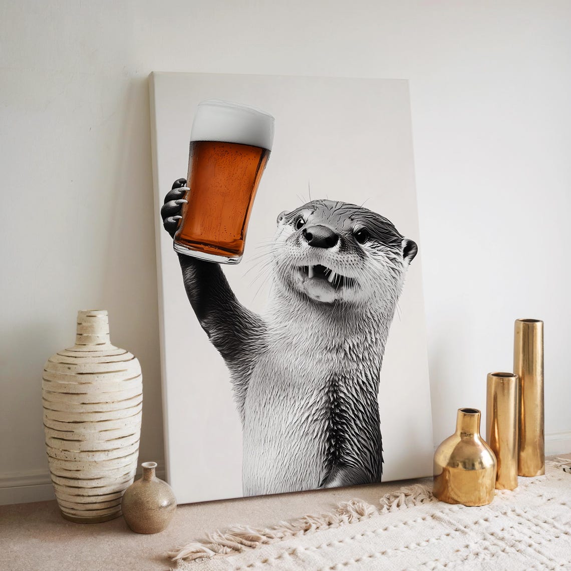 Cheerful Otter Raising Beer Glass Black And White Funny Wall Art