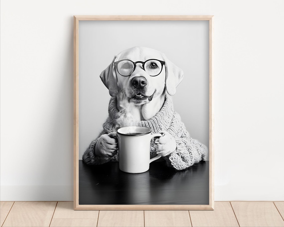 Labrador Dog Drinking Coffee With Glasses Art Print