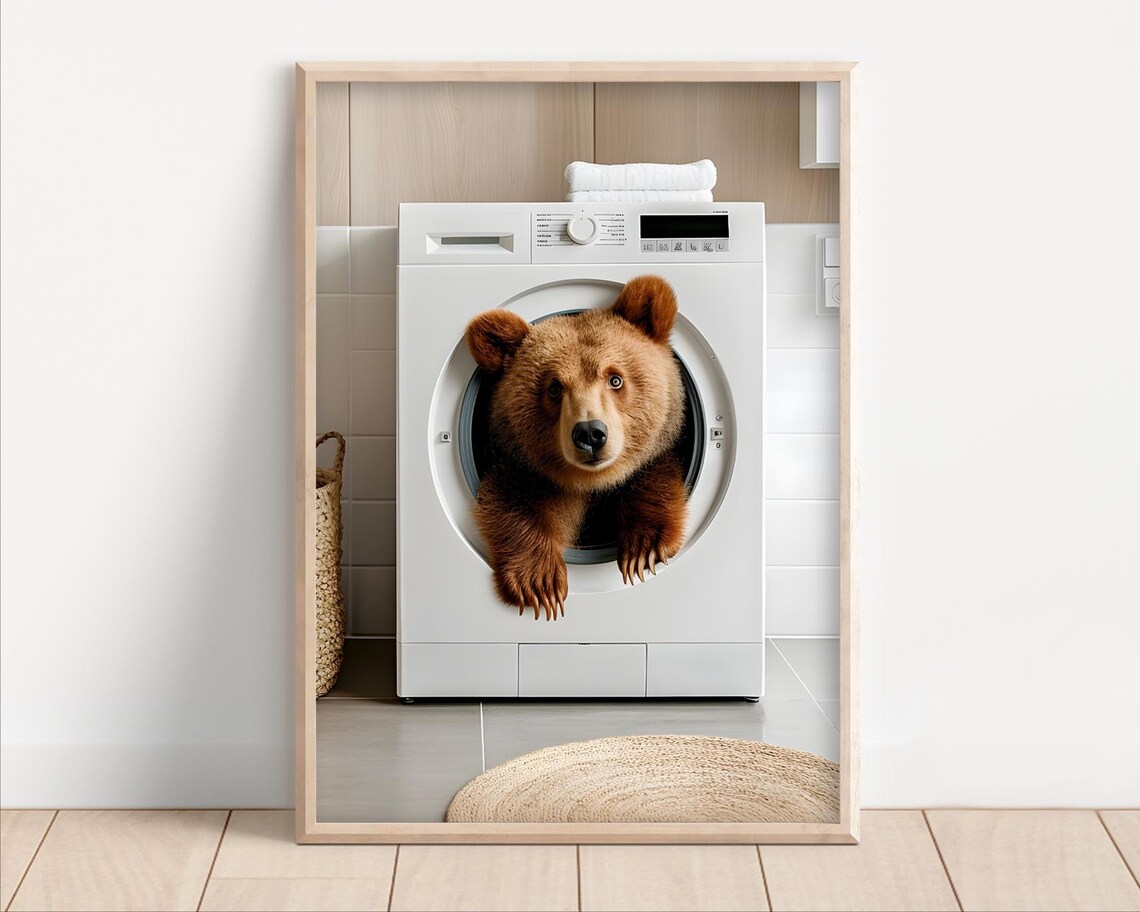 Bear In A Washing Machine Poster Or Canvas Funny Bathroom Wall Art Cute Laundry Room Decor Retro Animals Print