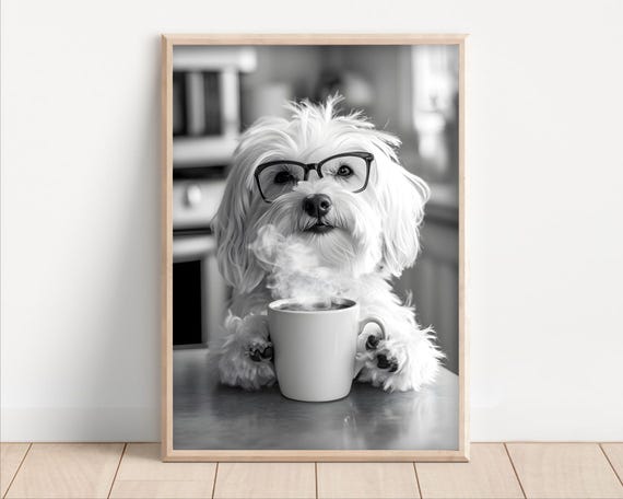 Havanese Dog Drinking Coffee Wearing Glasses Poster Or Canvas Funny Kitchen Wall Art Lover Humor Cute Animal Decor Lovers