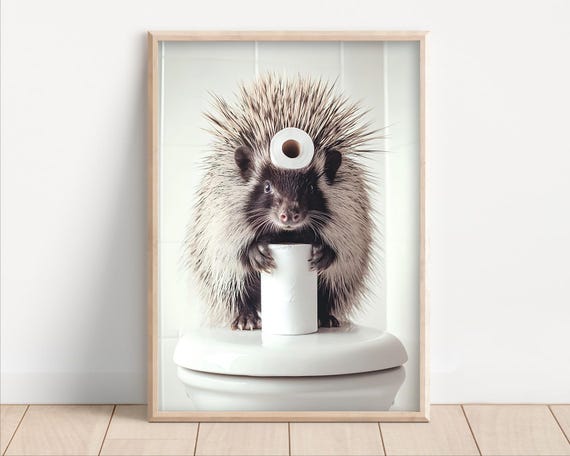 Porcupine With Toilet Paper On Poster Canvas Funny Bathroom Wall Art Cute Kids Laundry Room Decor Quirky Animal Humor Photo Print