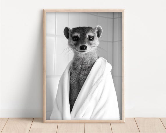 Mongoose Wearing A Bathrobe Poster Canvas Funny Bathroom Wall Art Cute Animals In Kids Laundry Room Decor Print