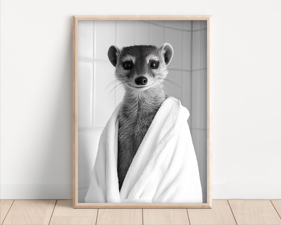 Cute Mongoose Wrapped in a Bath Towel Black and White Funny Poster