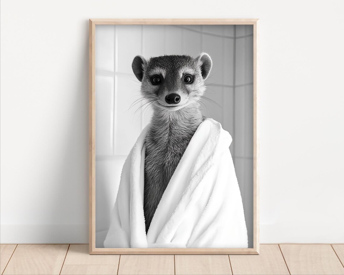 Mongoose Wearing A Bathrobe Poster Canvas Funny Bathroom Wall Art Cute Animals In Kids Laundry Room Decor Print