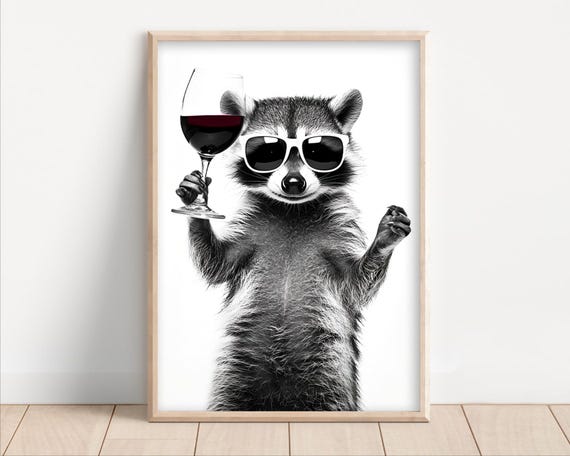Raccoon Drinking Red Wine Poster Or Canvas Funny Kitchen Wall Art Retro Home Bar Decor Lovers Dining Room Print Cute Animal