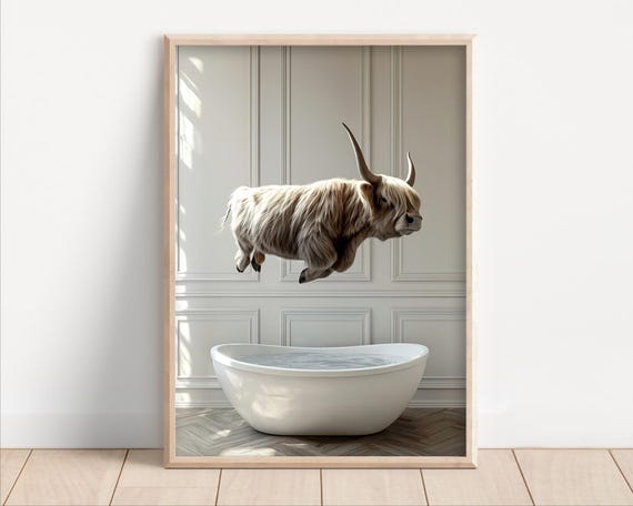 Highland Cow Jumping Into Bathtub Poster Or Canvas Funny Bathroom Wall Art Decor Animals Taking A Bath Cute Print Animal
